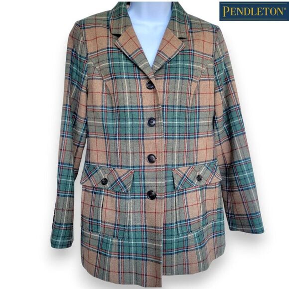 Pendleton Virgin Wool Tan Green Plaid Blazer Jacket Preppy Academia | 6 Petite - Picture 3 of 9